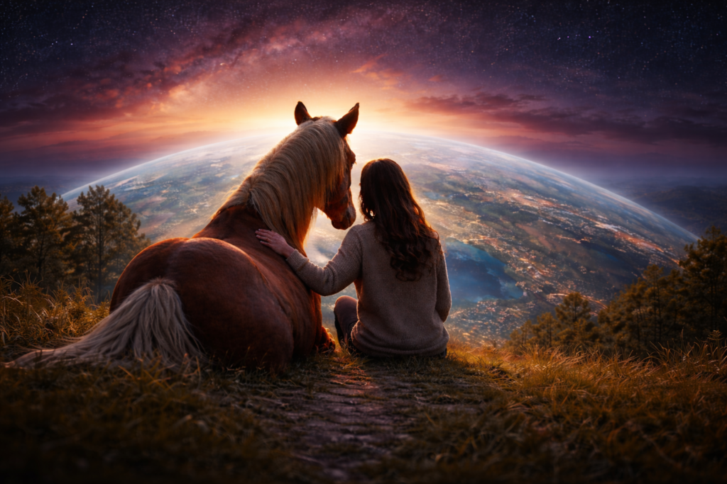 Pferd und Mädchen betrachten friedlich den Erdball